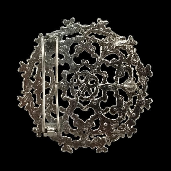 Ornate Filigree Round Belt Buckle Silver Tone Ornate‎ Scrollwork Design Vintage - Picture 5 of 7